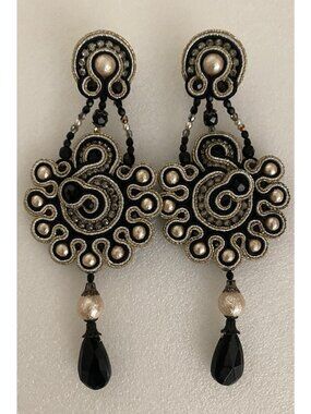 Statement Long Dangle Earrings Jet Beads Faux Pearls Leather Backed 5.5” READ